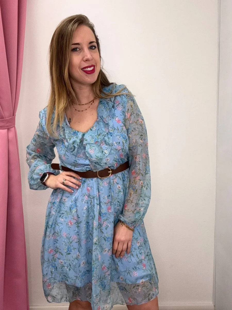 Abito con volants e cinntura a fiorellini - abbigliamento - Stilosa