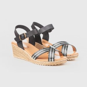 SANDALI MINORCHINE ORIGINALI DONNA PELLE COLORE NERO E ARGENTO FRANCISCA