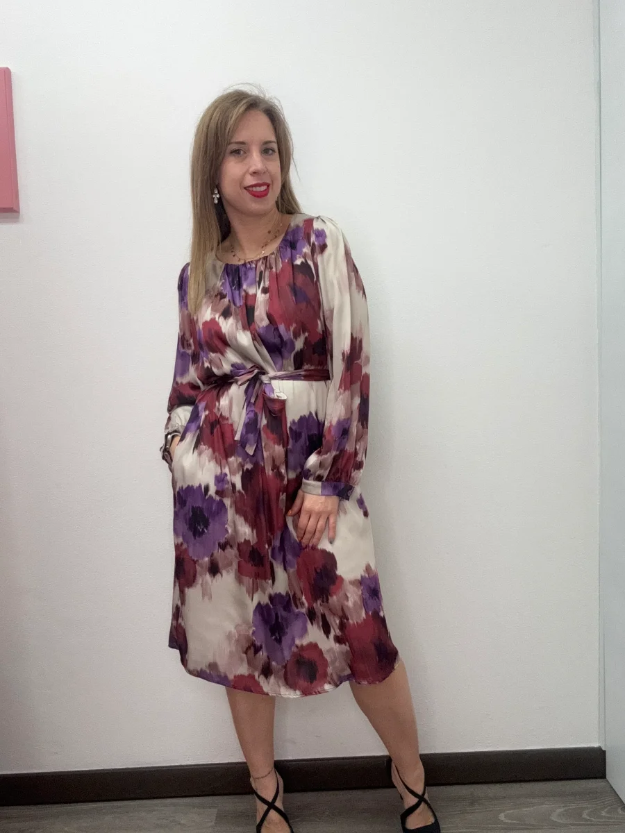 Abito fantasia con cintura ciclamino - abbigliamento - Jiveley