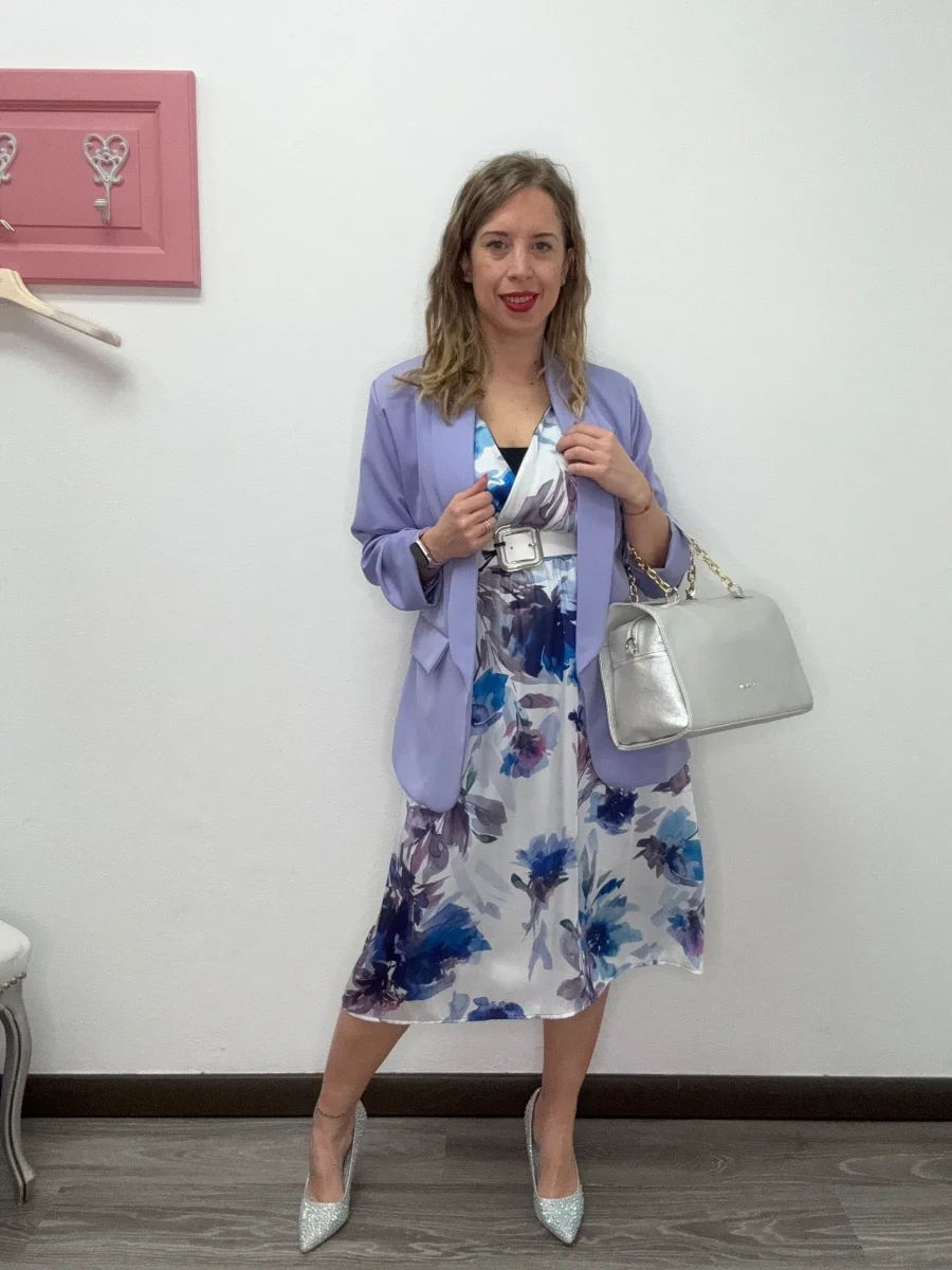 Abito fantasia viola con incrocio - abbigliamento - Jiveley - immagine 5