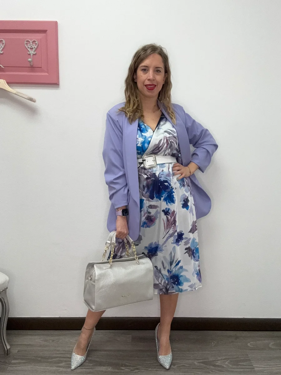 Abito fantasia viola con incrocio - abbigliamento - Jiveley - immagine 3