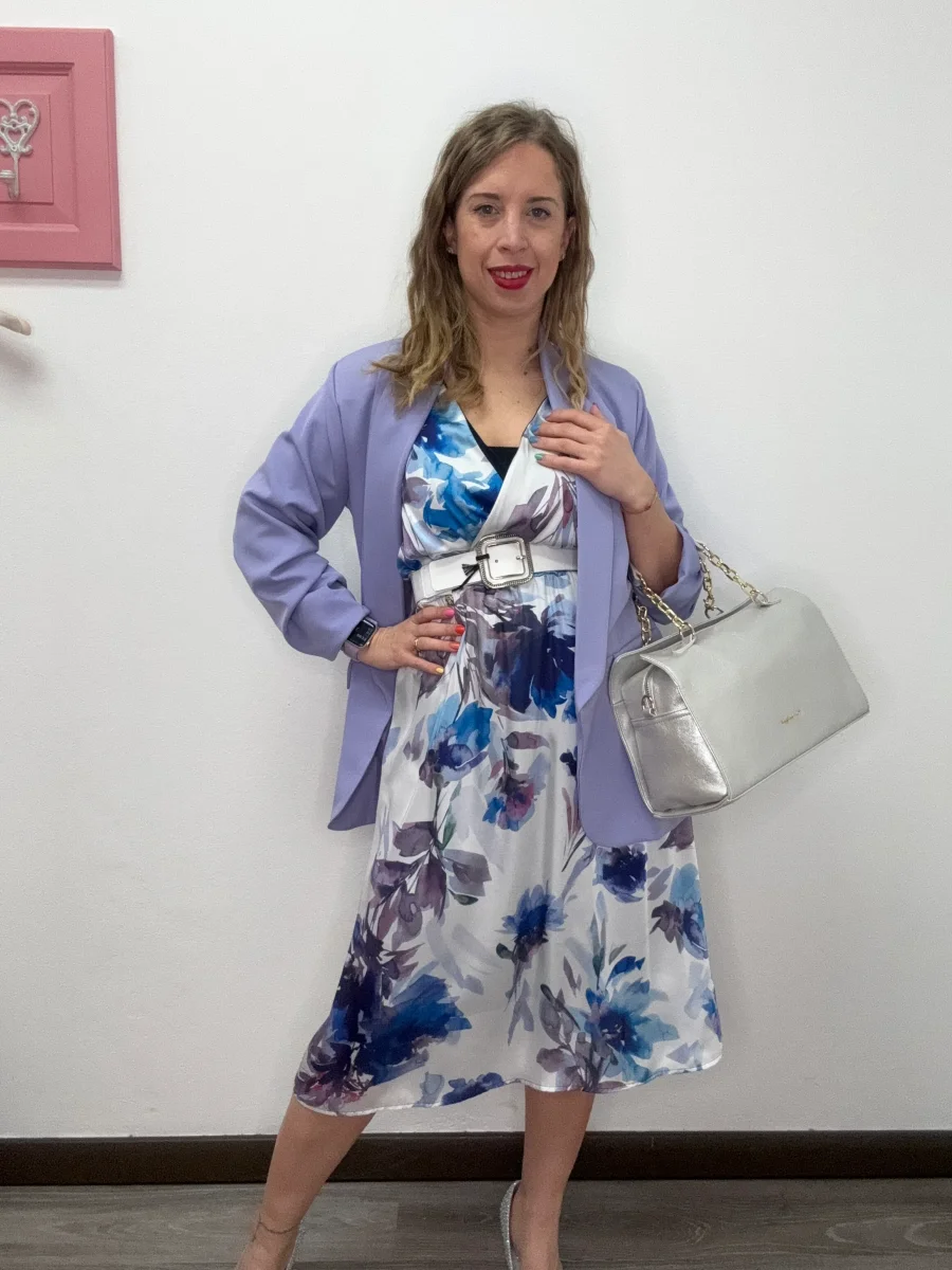 Abito fantasia viola con incrocio - abbigliamento - Jiveley