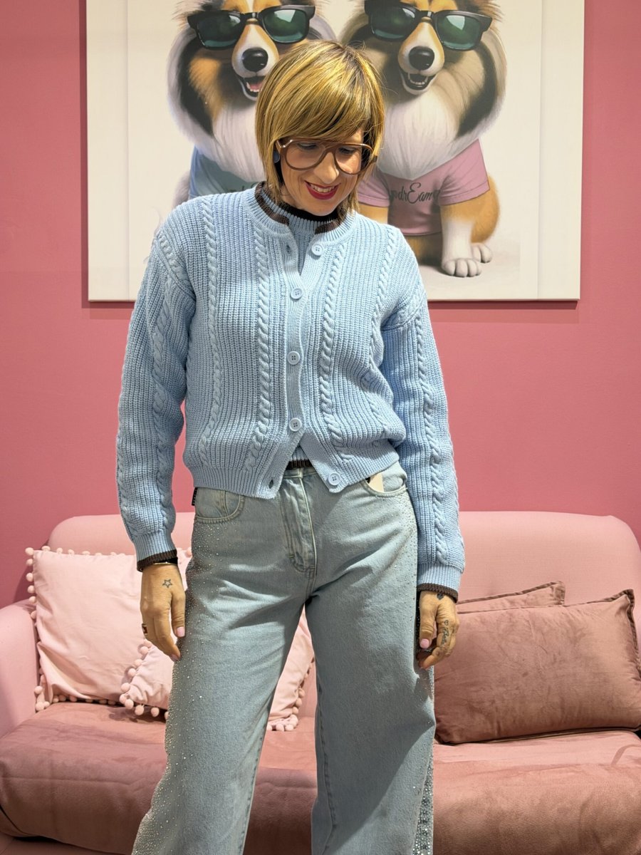 Cardigan trecce azzurro e cioccolato - immagine 2