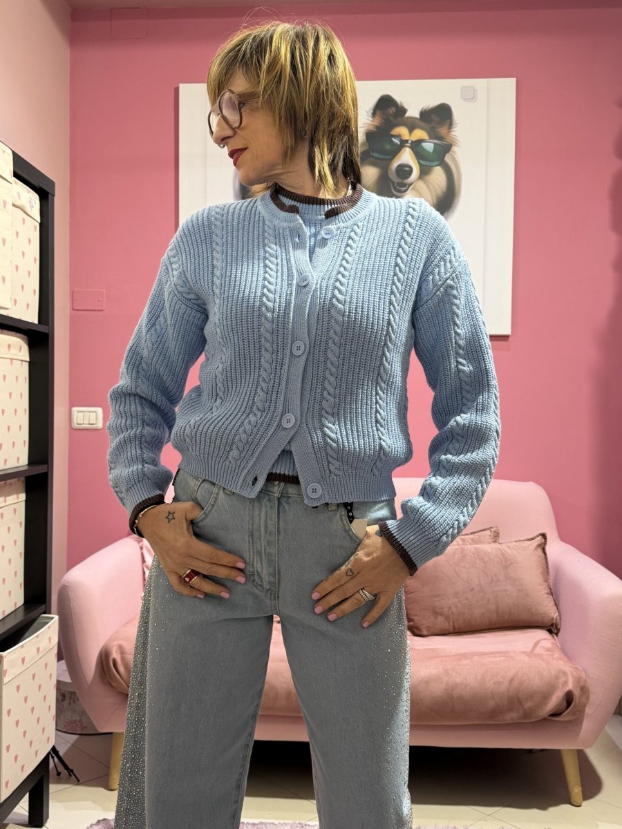 Cardigan trecce azzurro e cioccolato - immagine 3