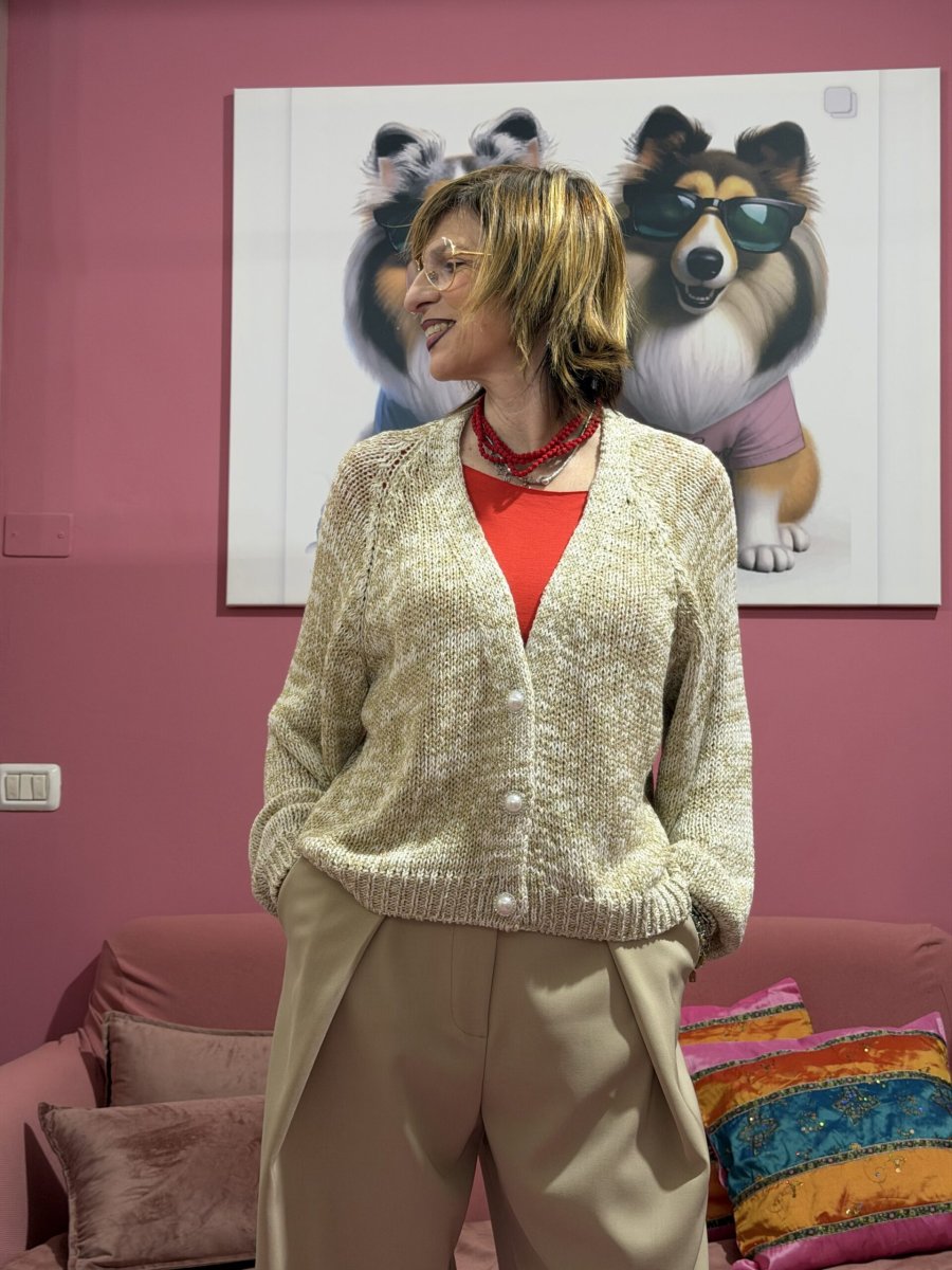 Cardigan bottoni gioiello spalmato sabbia - immagine 3